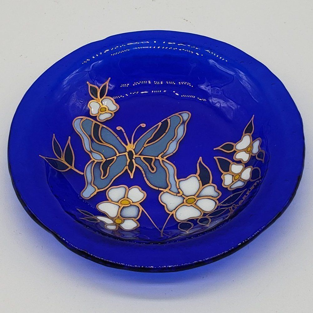 Signed Blue Cobalt Enameled Hand Painted Butterfly Floral Art Glass Trinket Dish